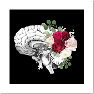 Brain human anatomy, floral, red pink roses, mental Posters and Art